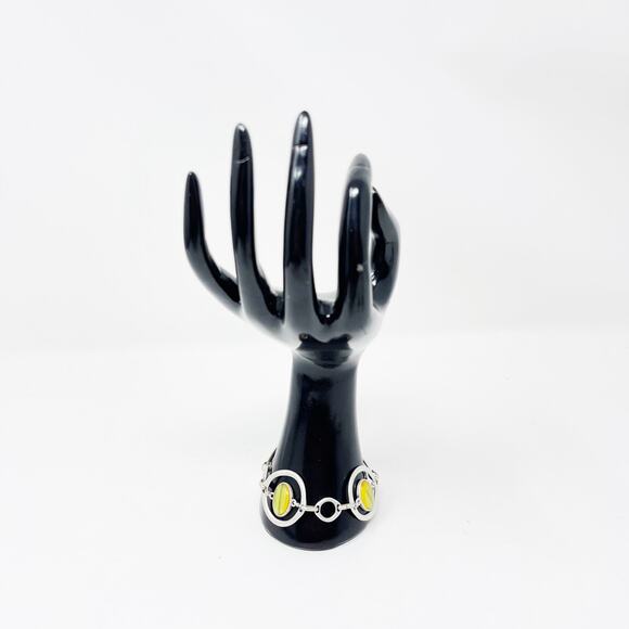 Boutique Silver Tone and Green Yellow Gemstone Bracelet Circle Toggle Closure - Picture 8 of 10